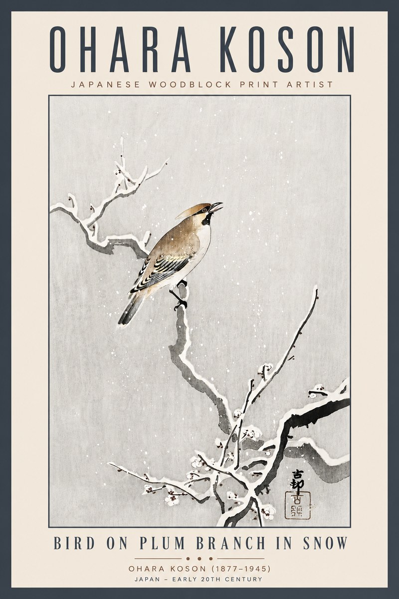 Ohara Koson Bird on Plum Branch in Snow No5 - Plakát