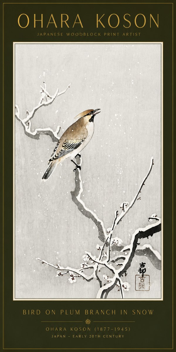 Ohara Koson Bird on Plum Branch in Snow No6 - Plakát