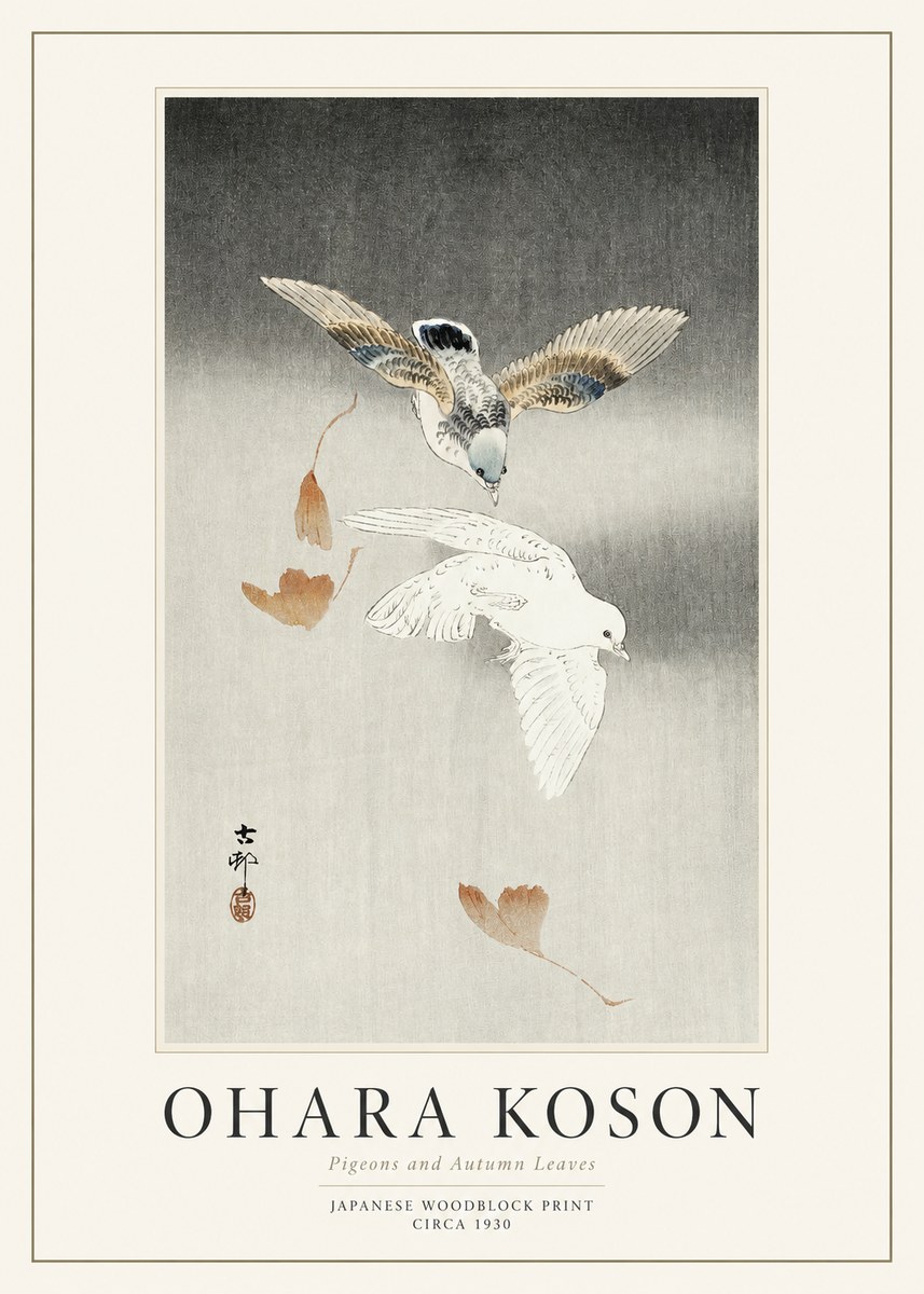Ohara Koson Pigeons and Autumn Leaves No1 - Plakát