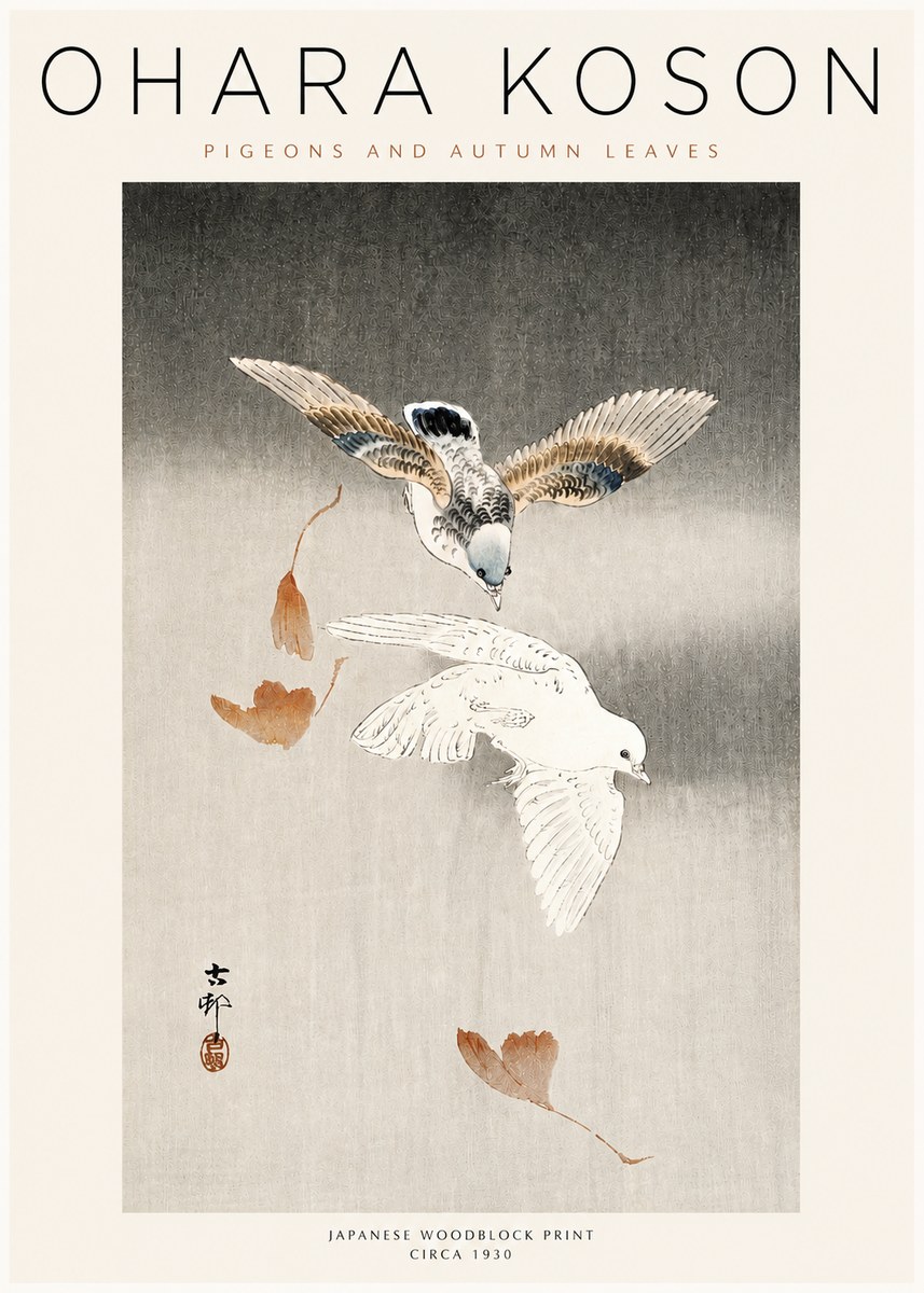 Ohara Koson Pigeons and Autumn Leaves No3 - Plakát