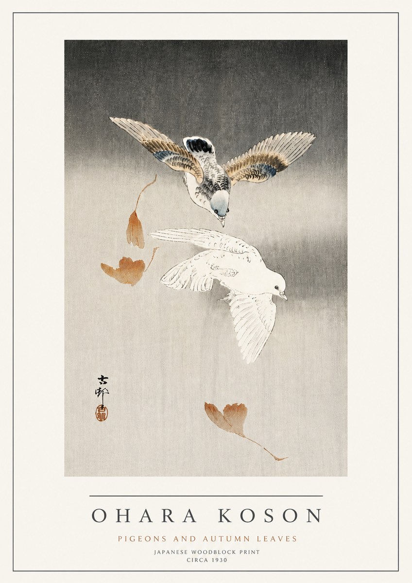 Ohara Koson Pigeons and Autumn Leaves No4 - Plakát