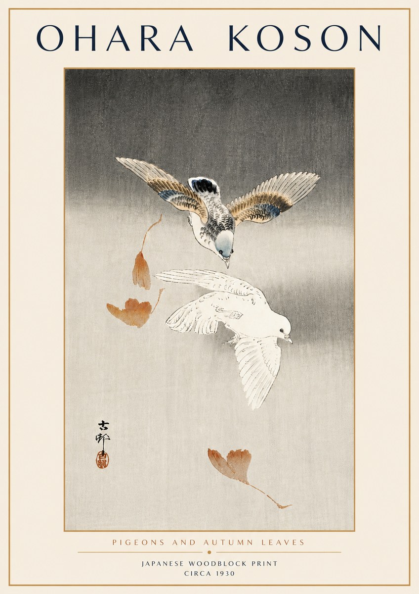 Ohara Koson Pigeons and Autumn Leaves No6 - Plakát