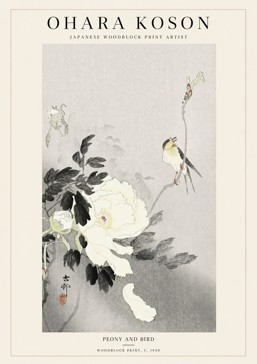 Ohara Koson Peony and Bird No1 - Plakát