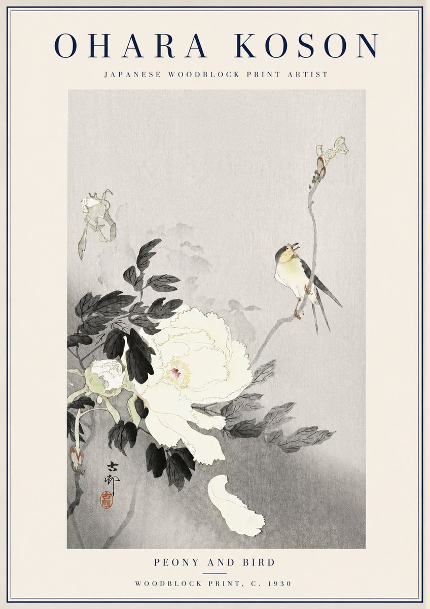 Ohara Koson Peony and Bird No3 - Plakát