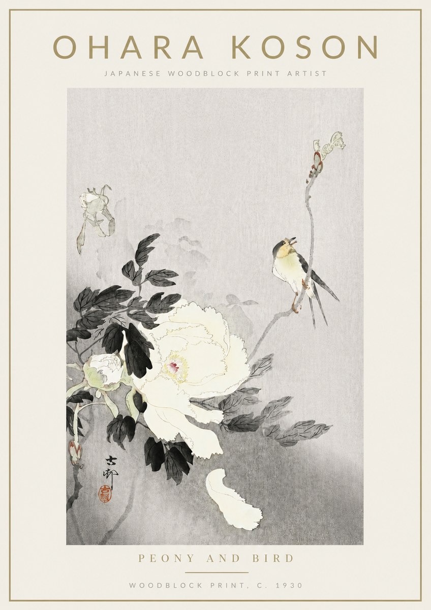 Ohara Koson Peony and Bird No4 - Plakát