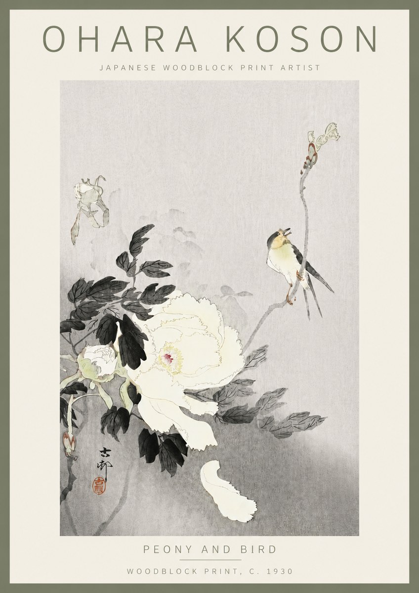 Ohara Koson Peony and Bird No5 - Plakát