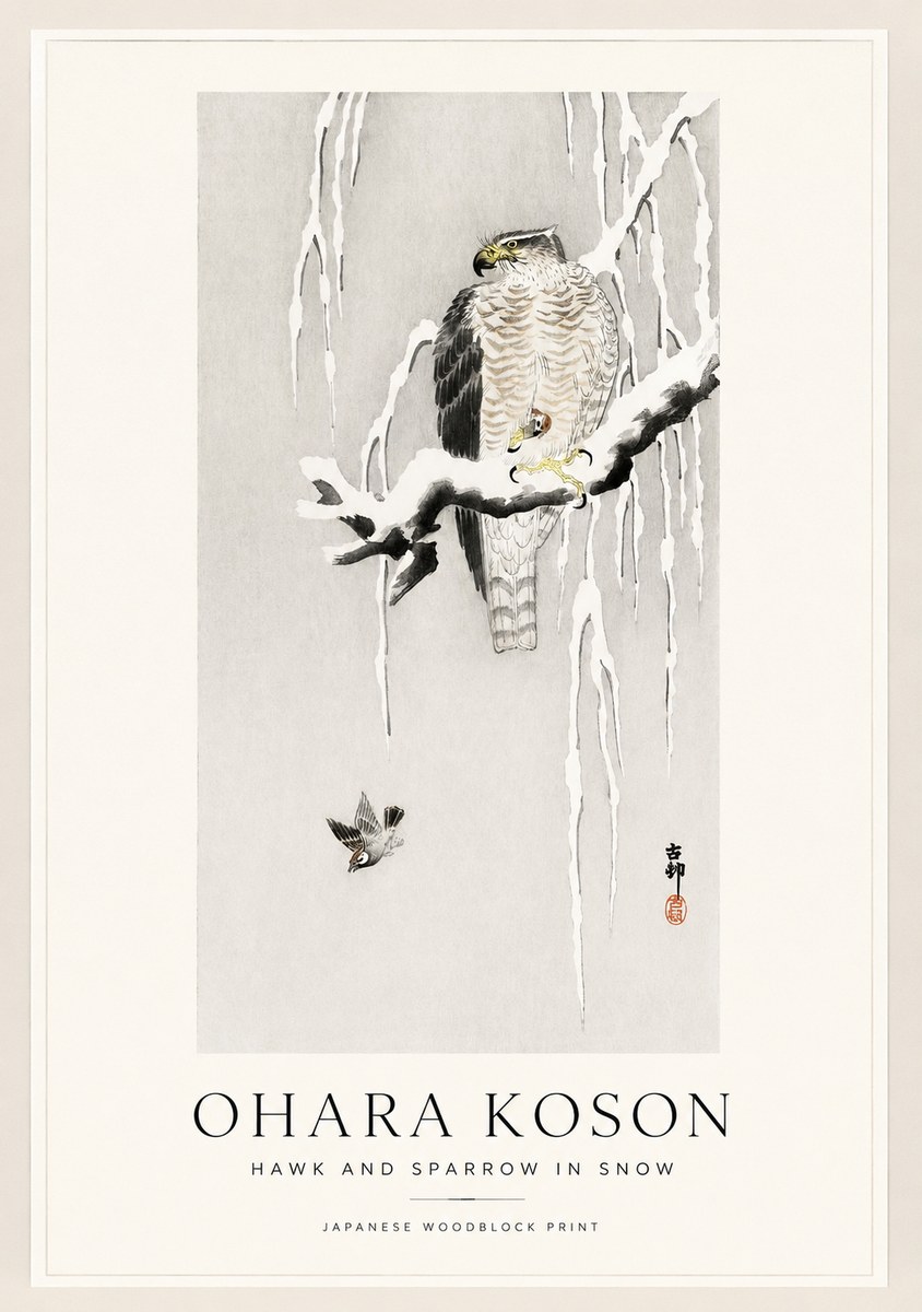 Ohara Koson Hawk and Sparrow in Snow No1 - Plakát