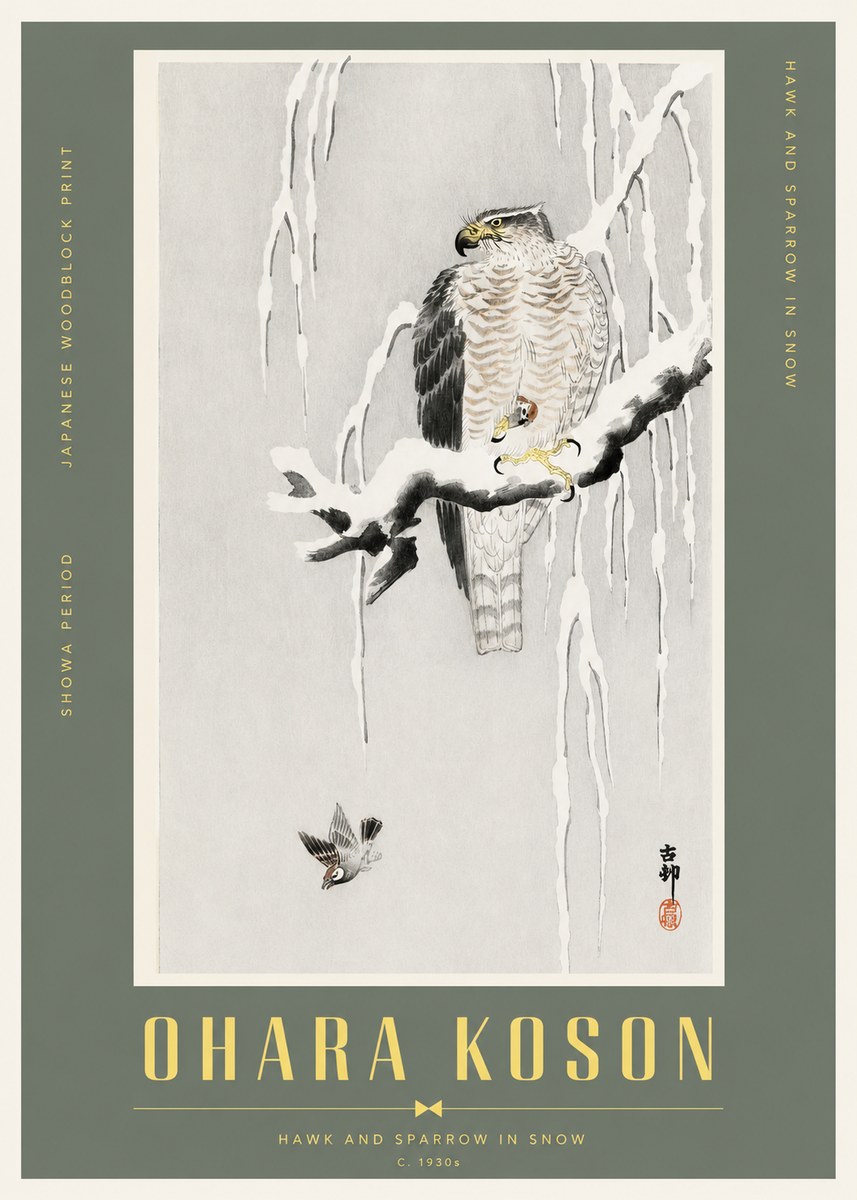 Ohara Koson Hawk and Sparrow in Snow No2 - Plakát
