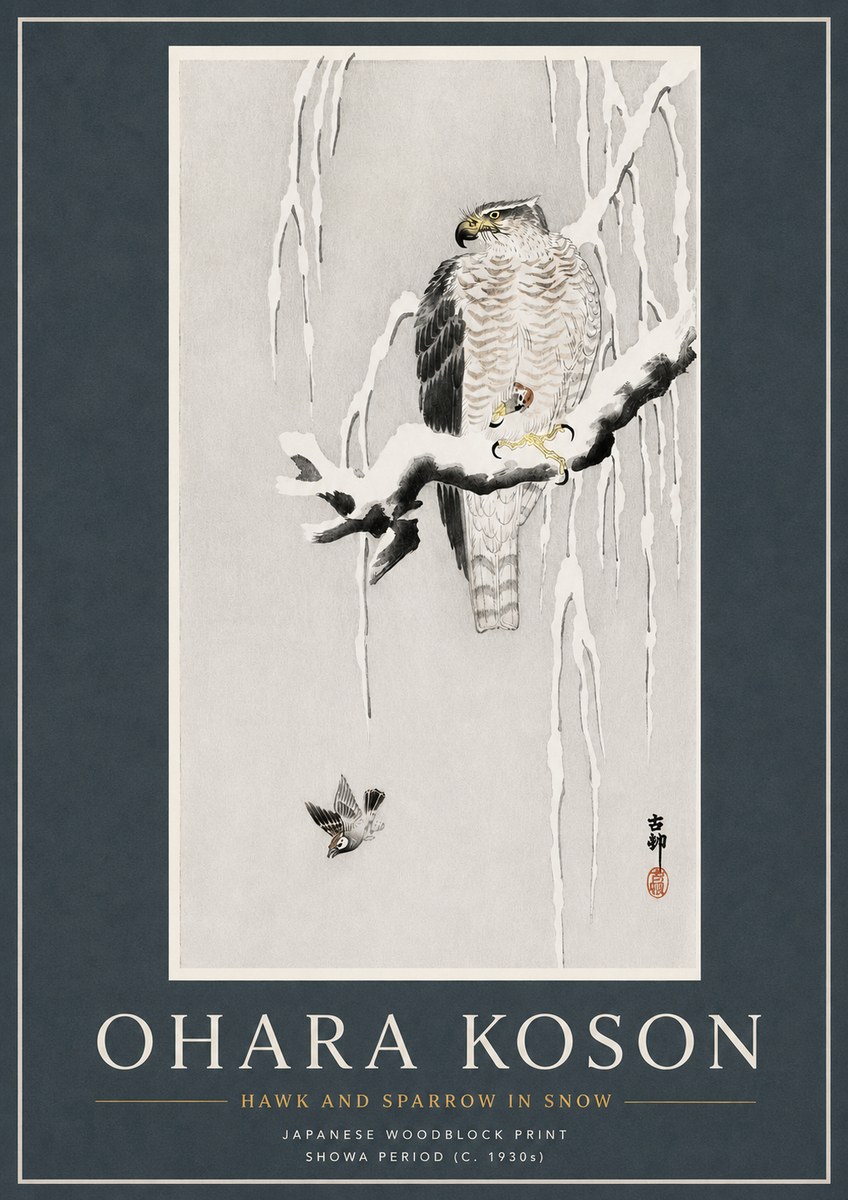 Ohara Koson Hawk and Sparrow in Snow No3 - Plakát