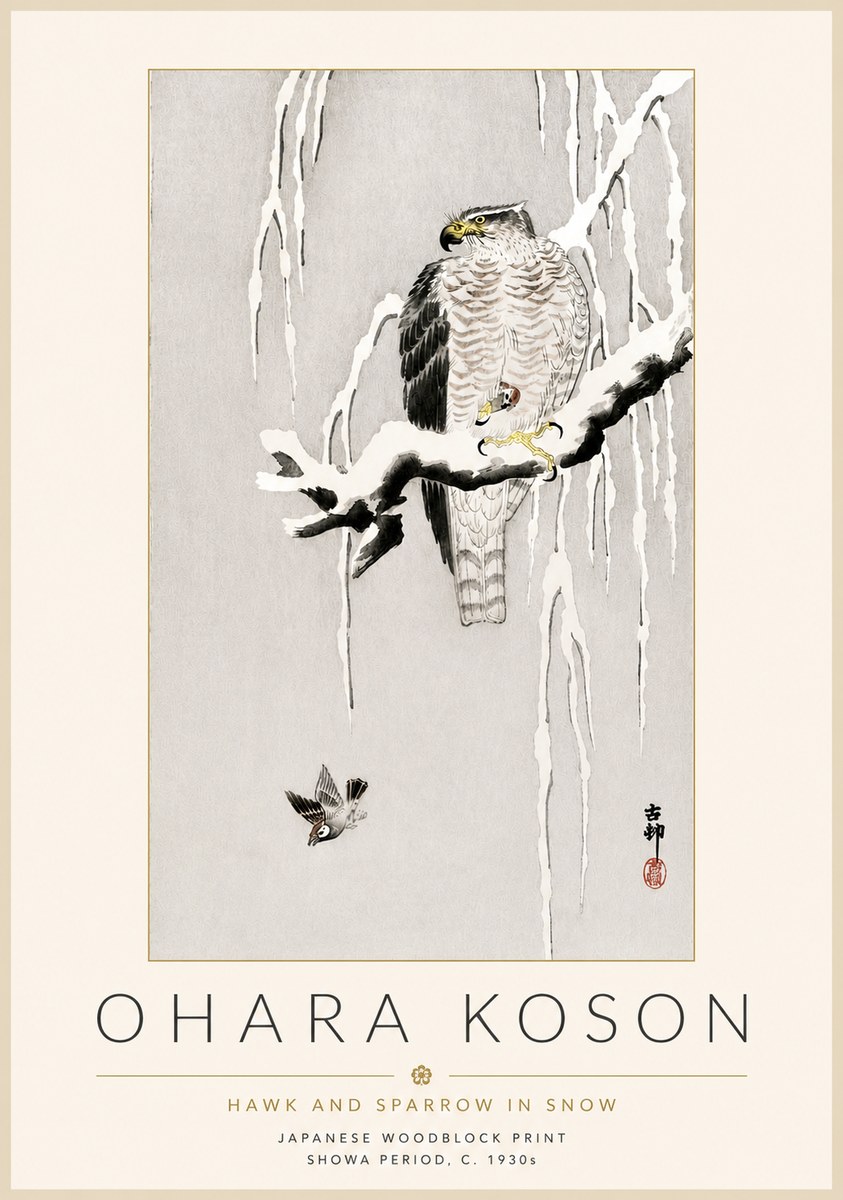 Ohara Koson Hawk and Sparrow in Snow No4 - Plakát