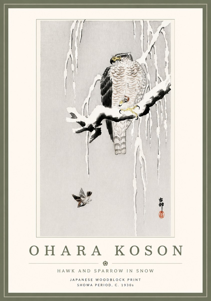 Ohara Koson Hawk and Sparrow in Snow No5 - Plakát
