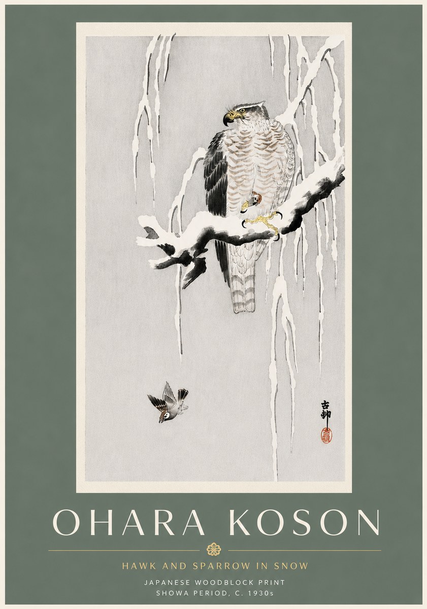 Ohara Koson Hawk and Sparrow in Snow No6 - Plakát