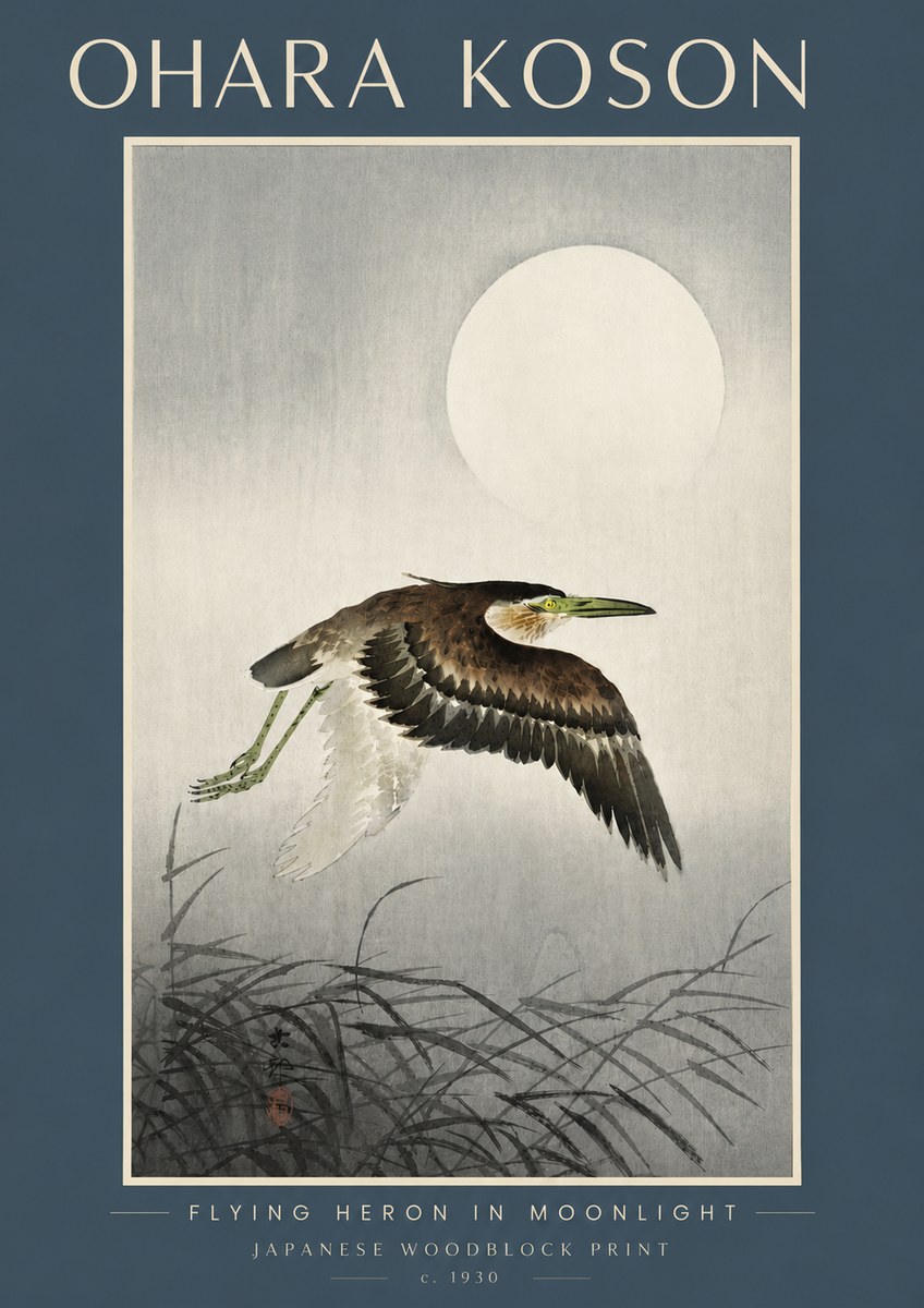 Ohara Koson Flying Heron in Moonlight No4 - Plakát