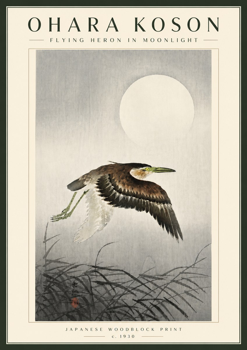 Ohara Koson Flying Heron in Moonlight No5 - Plakát