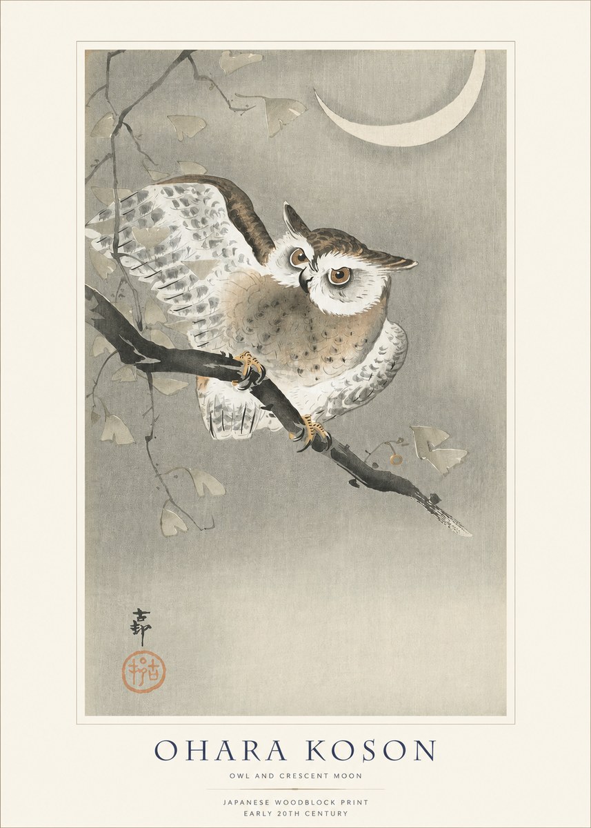 Ohara Koson Owl and Crescent Moon No1 - Plakát