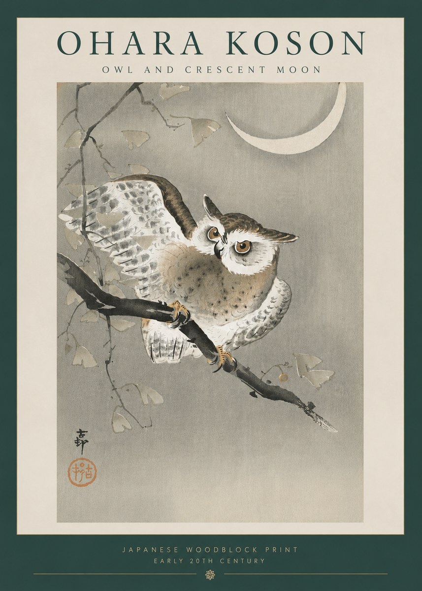 Ohara Koson Owl and Crescent Moon No6 - Plakát
