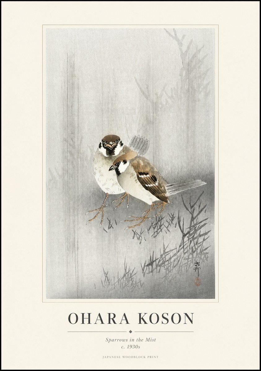 Ohara Koson Sparrows in the Mist No1 - Plakát