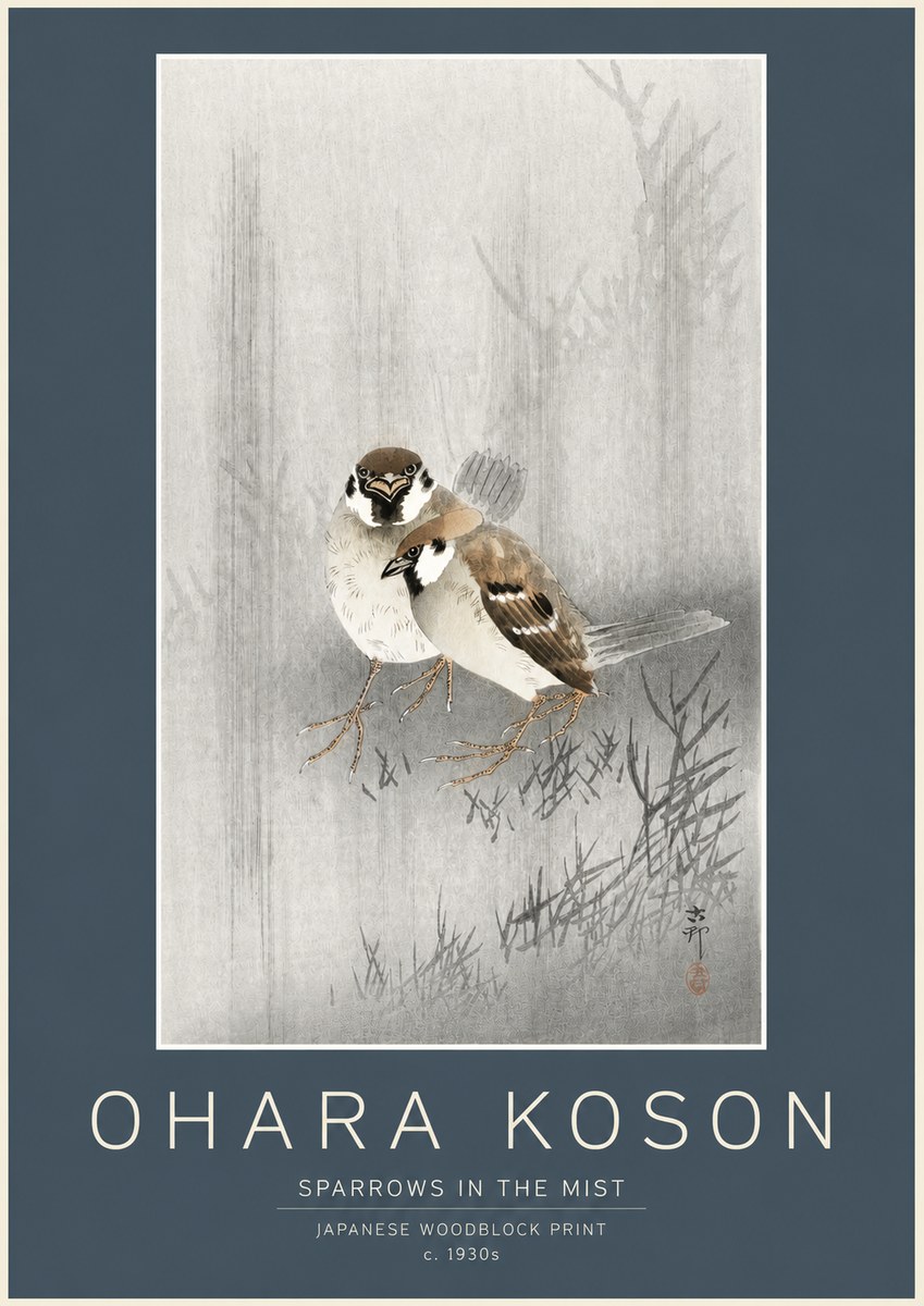 Ohara Koson Sparrows in the Mist No2 - Plakát