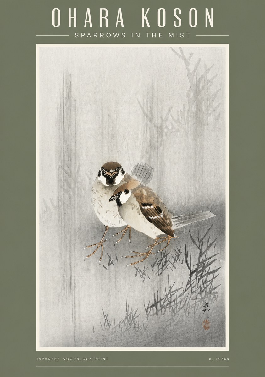 Ohara Koson Sparrows in the Mist No4 - Plakát