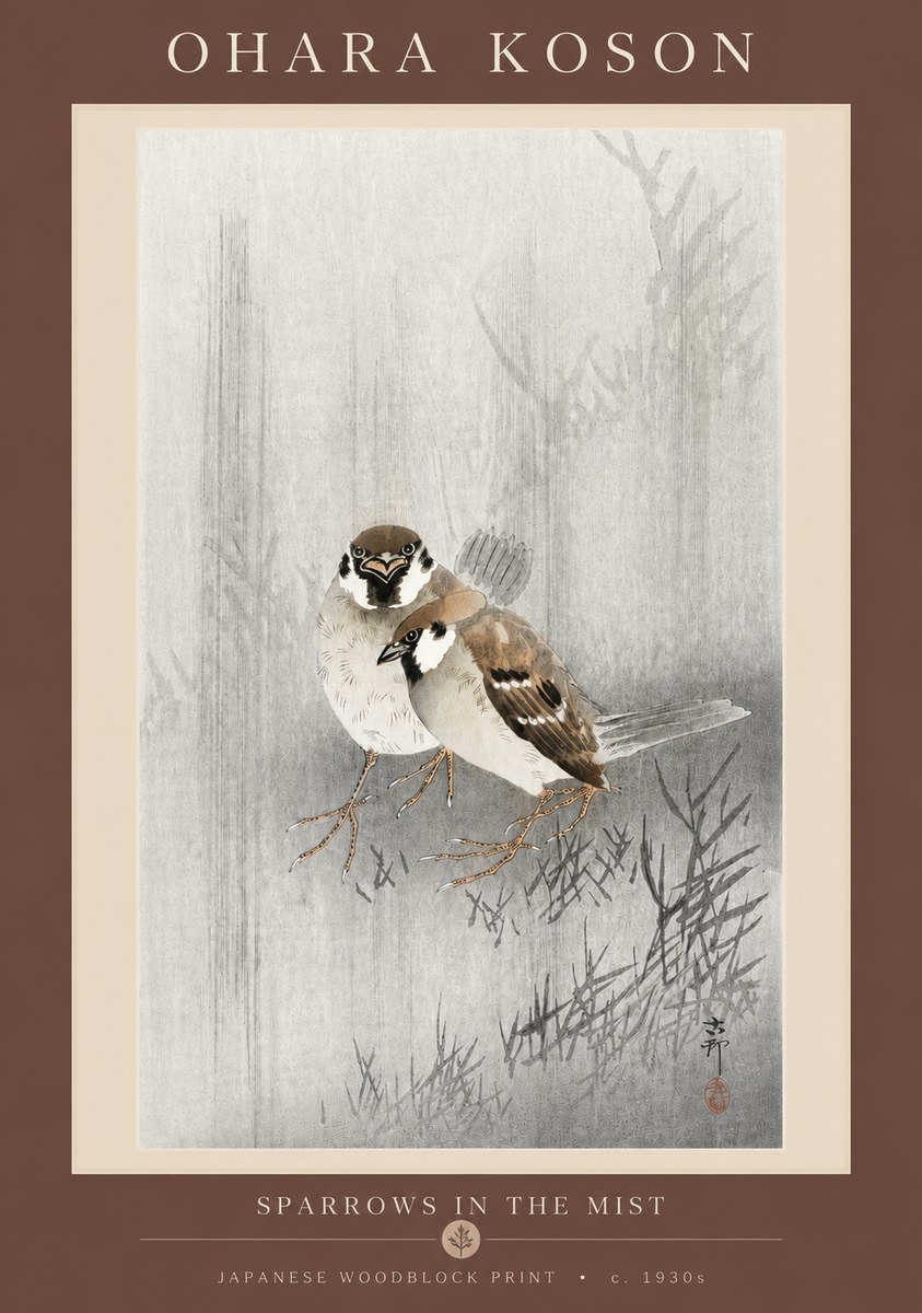 Ohara Koson Sparrows in the Mist No5 - Plakát