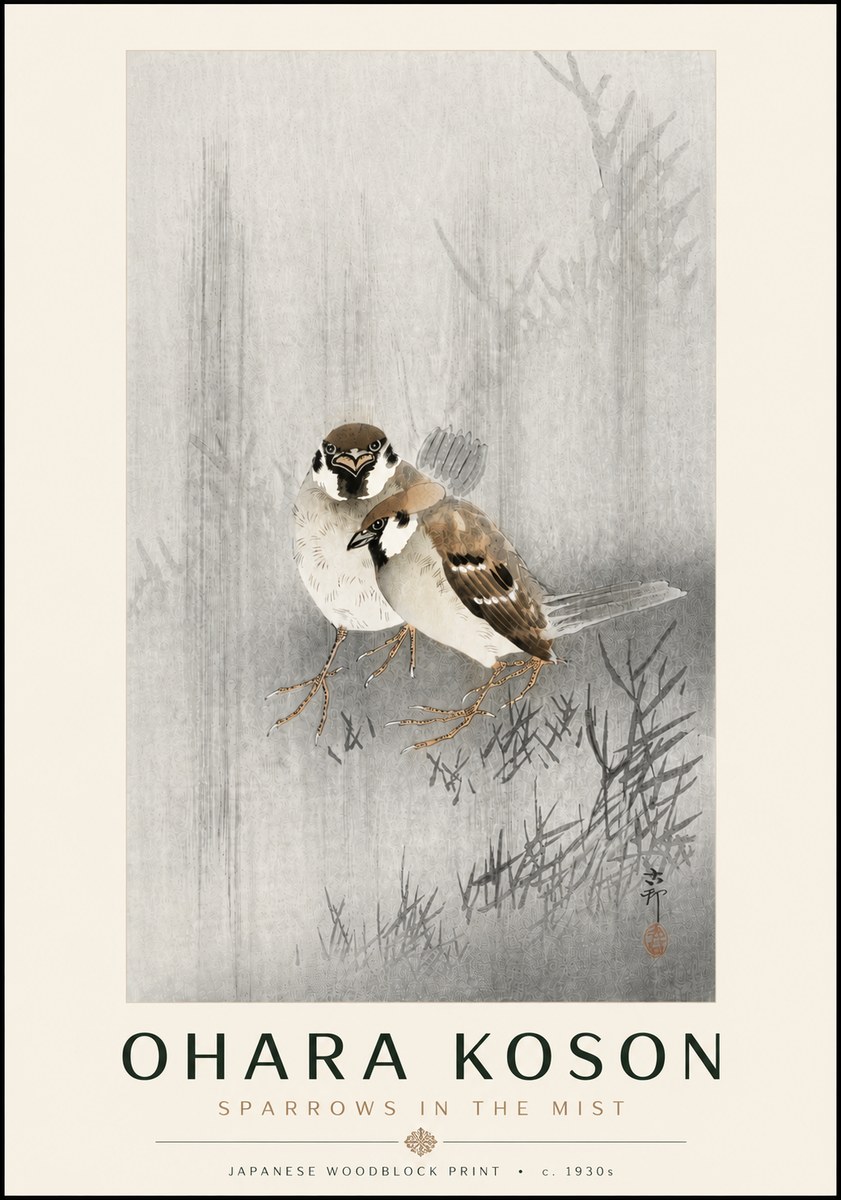 Ohara Koson Sparrows in the Mist No6 - Plakát