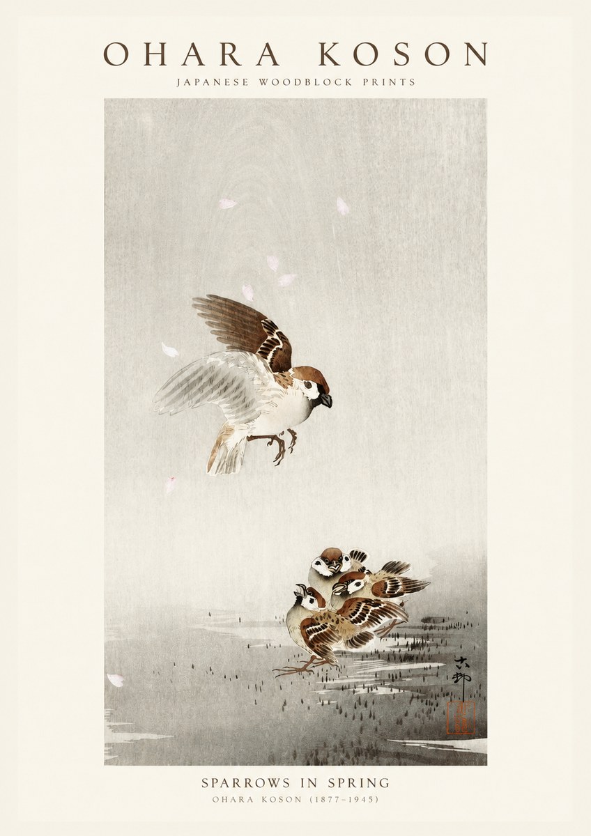 Ohara Koson Sparrows in Spring No1 - Plakát