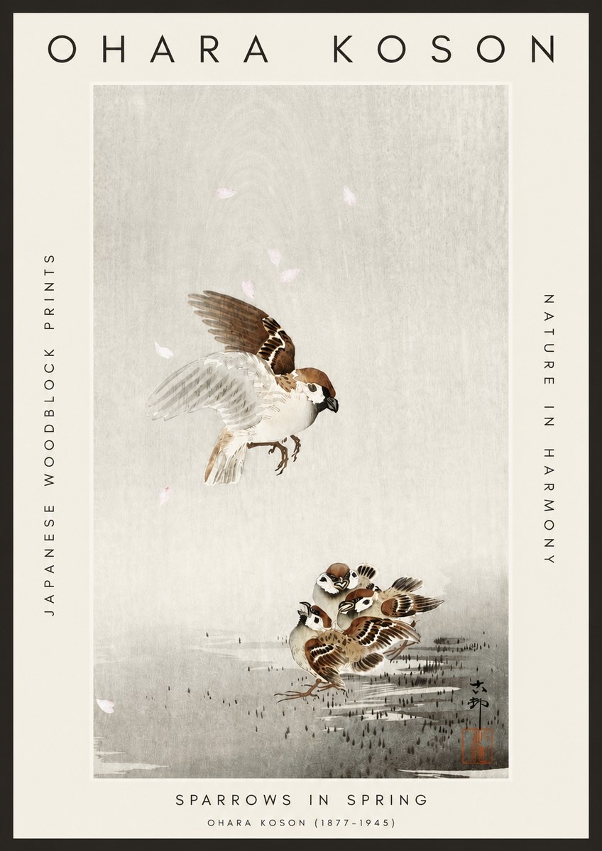 Ohara Koson Sparrows in Spring No3 - Plakát