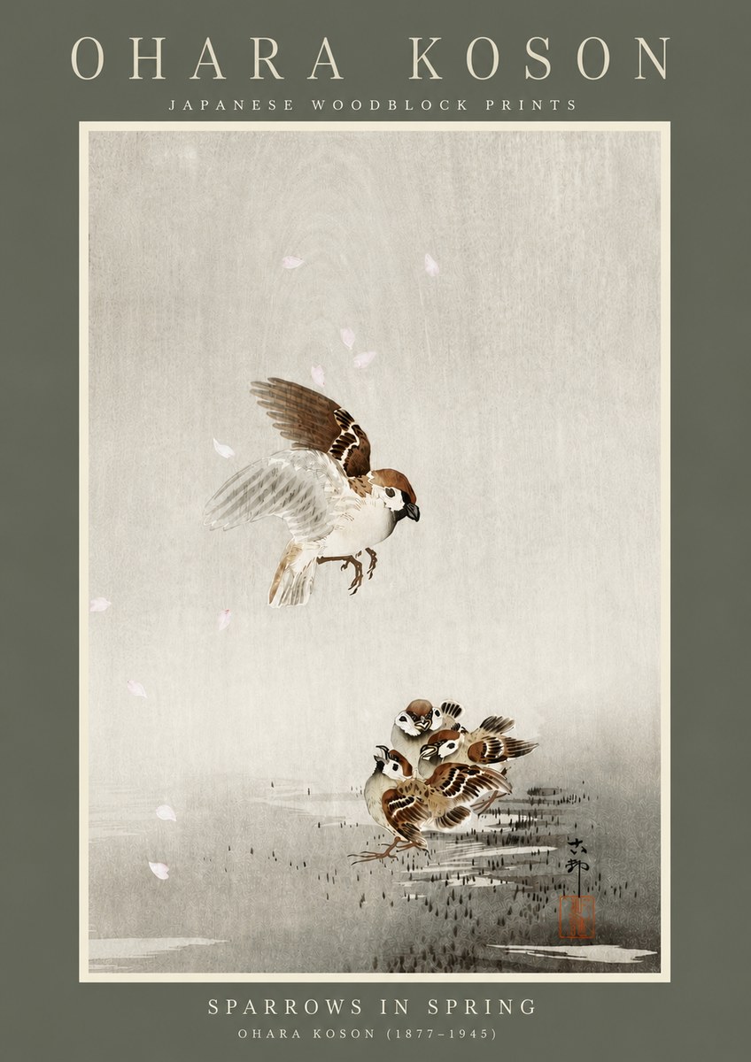 Ohara Koson Sparrows in Spring No4 - Plakát