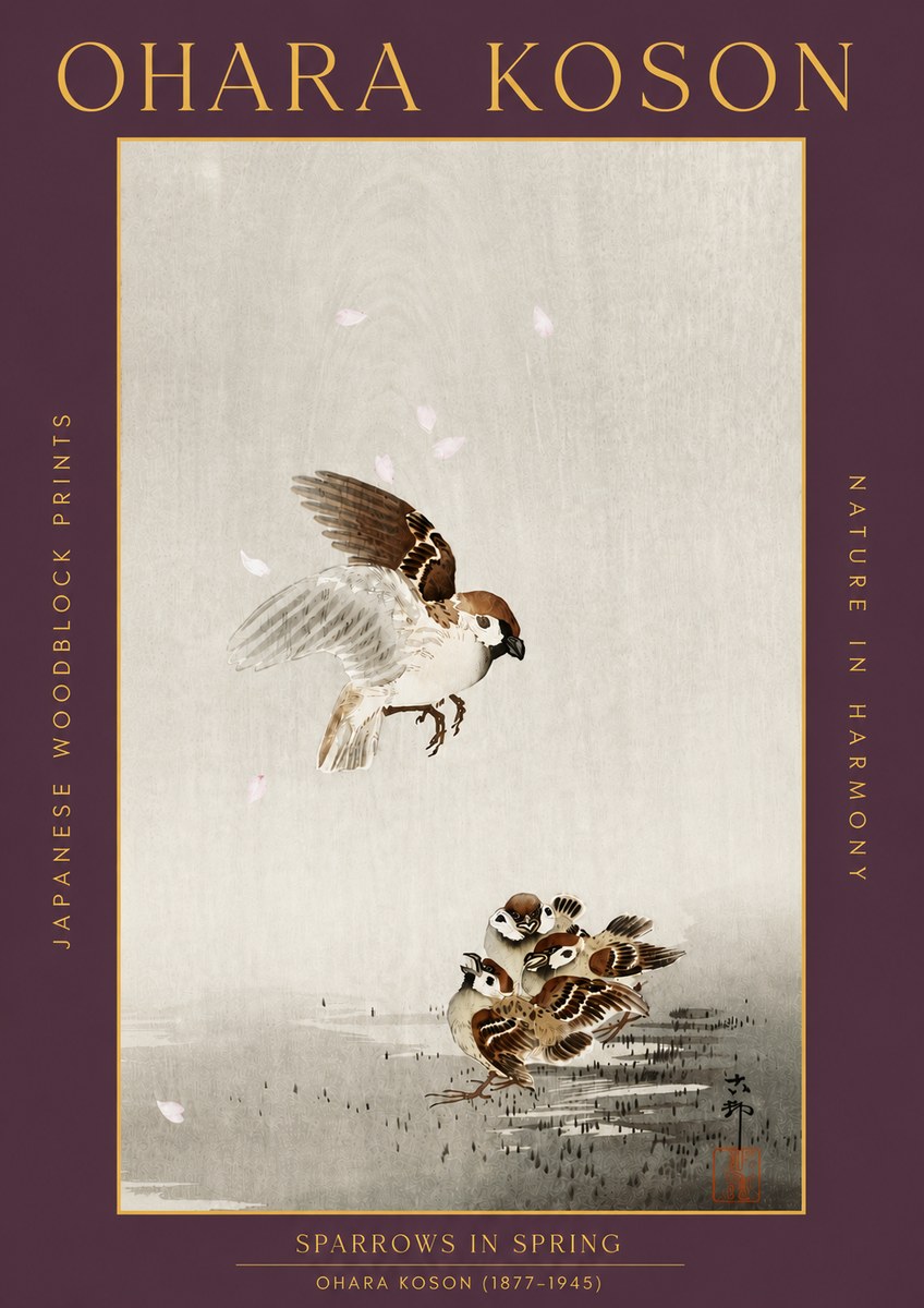 Ohara Koson Sparrows in Spring No5 - Plakát