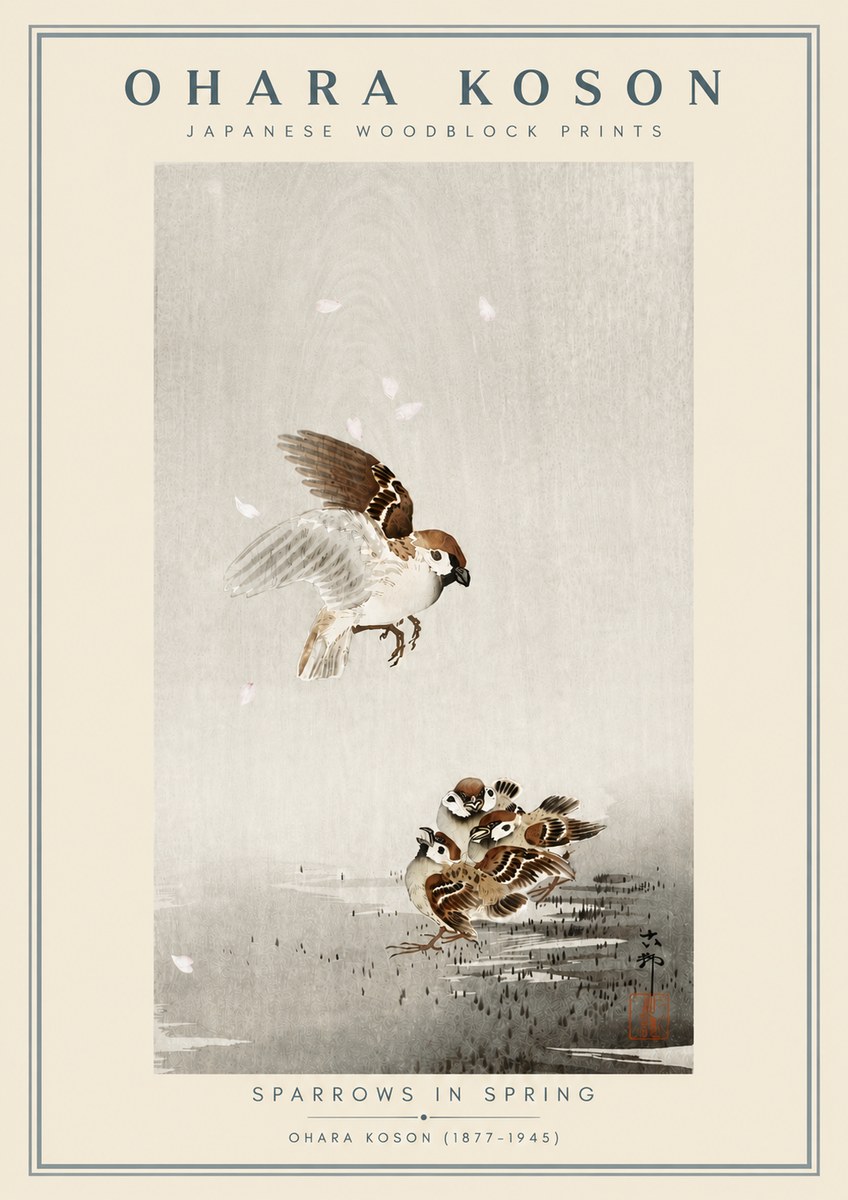 Ohara Koson Sparrows in Spring No6 - Plakát