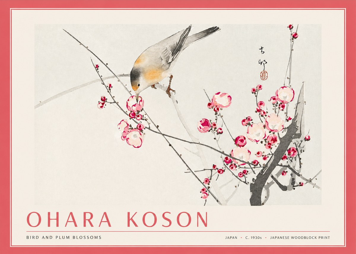 Ohara Koson Bird and Plum Blossoms No3 - Plakát