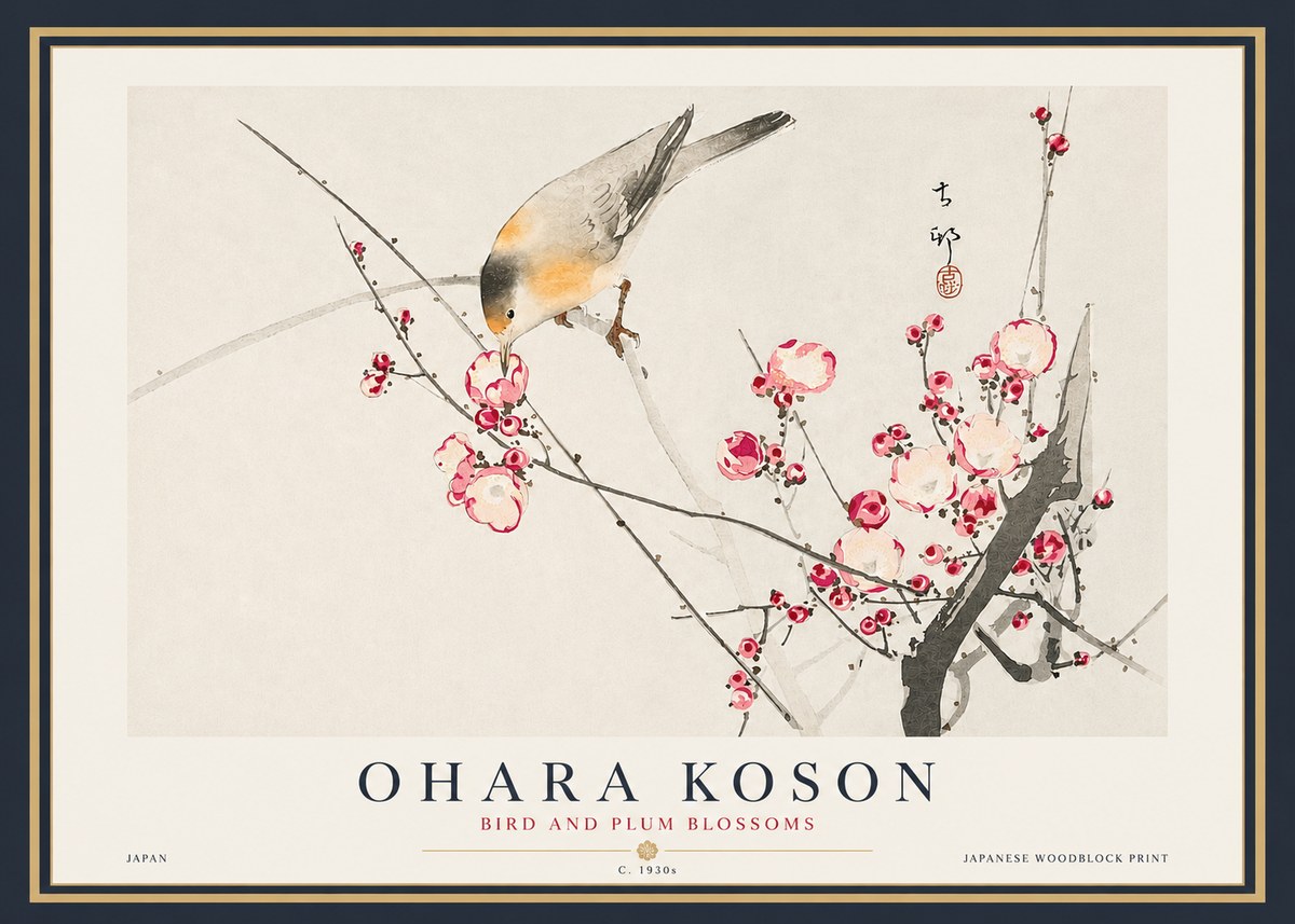 Ohara Koson Bird and Plum Blossoms No4 - Plakát