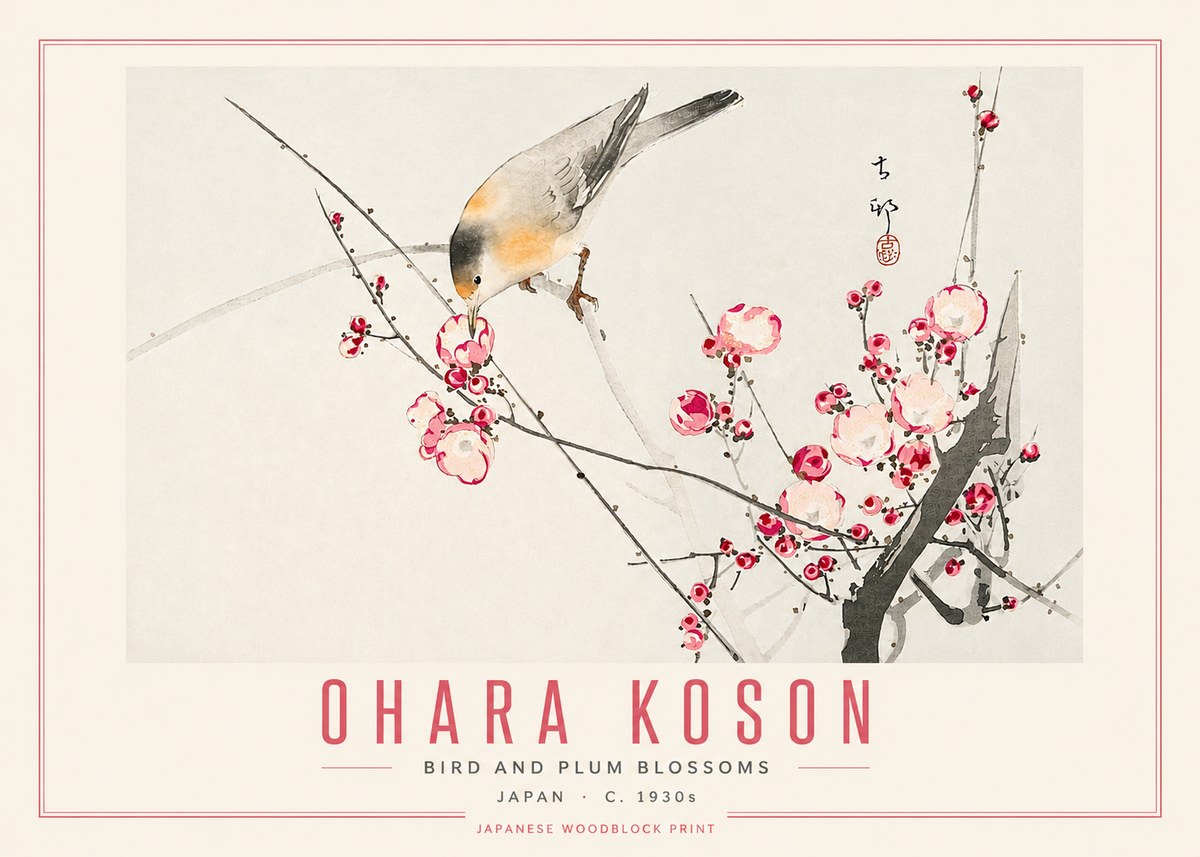 Ohara Koson Bird and Plum Blossoms No5 - Plakát