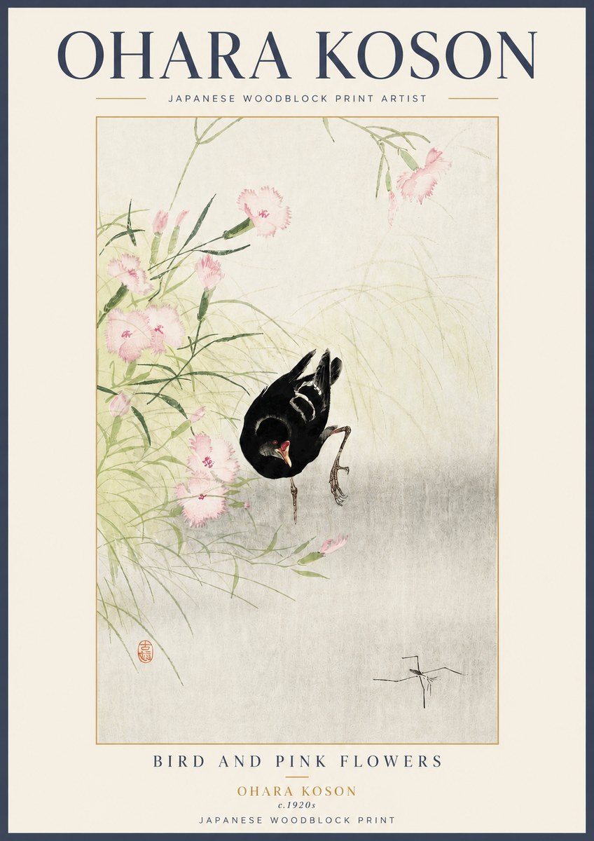 Ohara Koson Bird and Pink Flowers No3 - Plakát