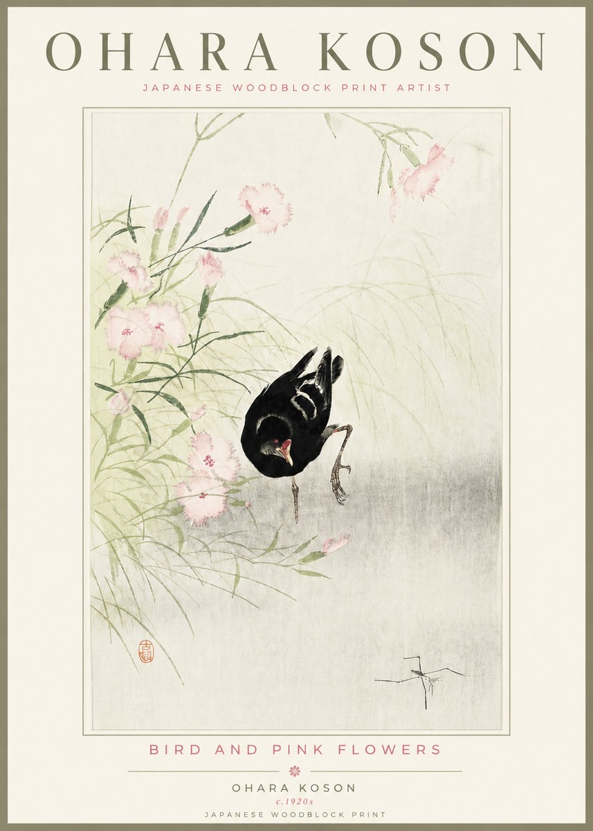 Ohara Koson Bird and Pink Flowers No4 - Plakát