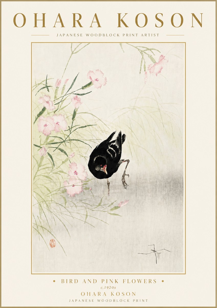 Ohara Koson Bird and Pink Flowers No6 - Plakát