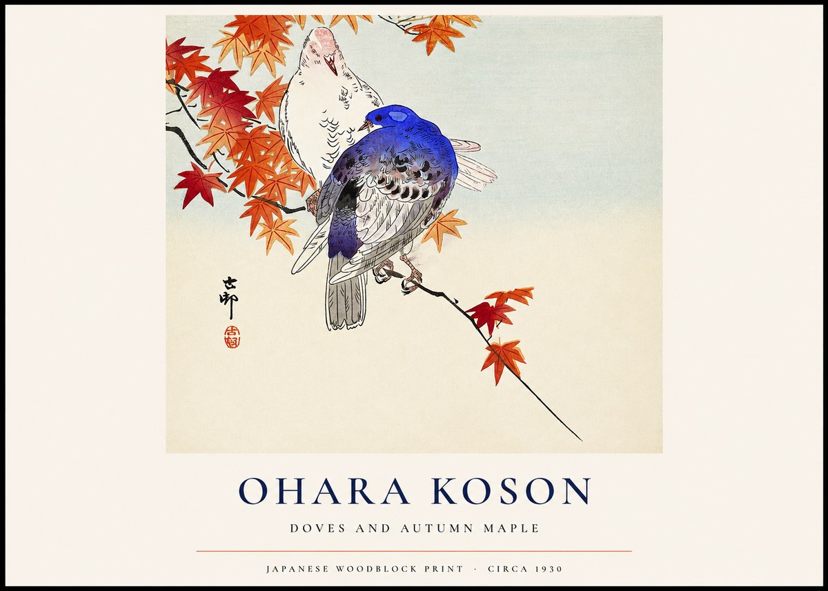 Ohara Koson Doves and Autumn Maple No1 - Plakát