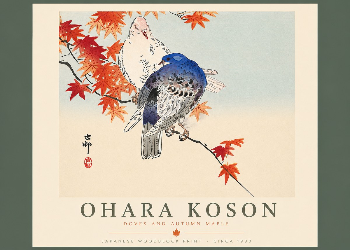 Ohara Koson Doves and Autumn Maple No4 - Plakát