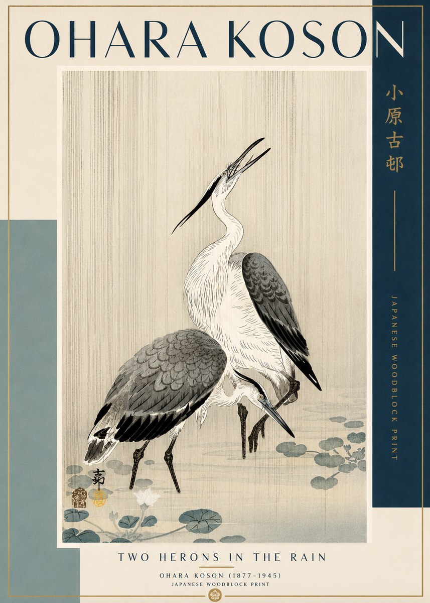 Ohara Koson Two Herons in the Rain No2 - Plakát