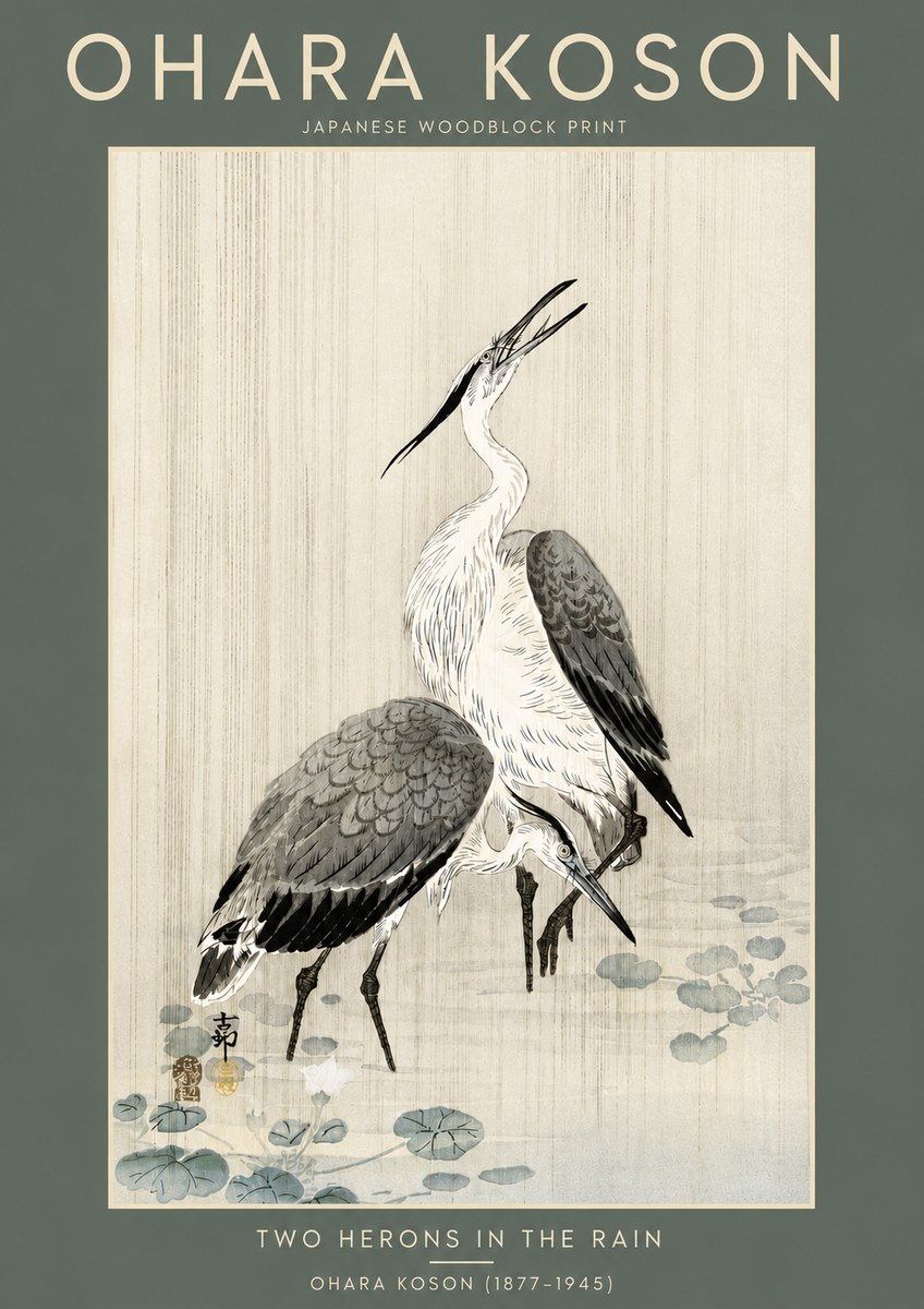 Ohara Koson Two Herons in the Rain No5 - Plakát