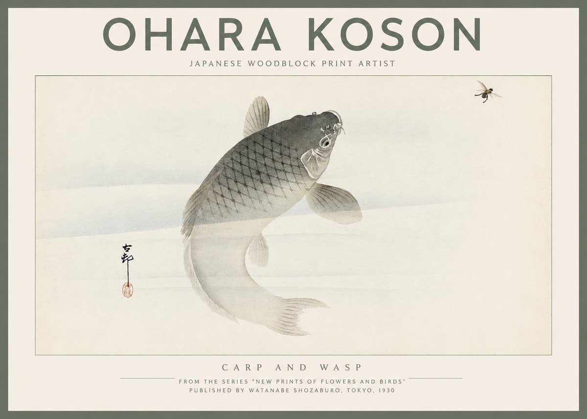 Ohara Koson Carp and Wasp No2 - Plakát