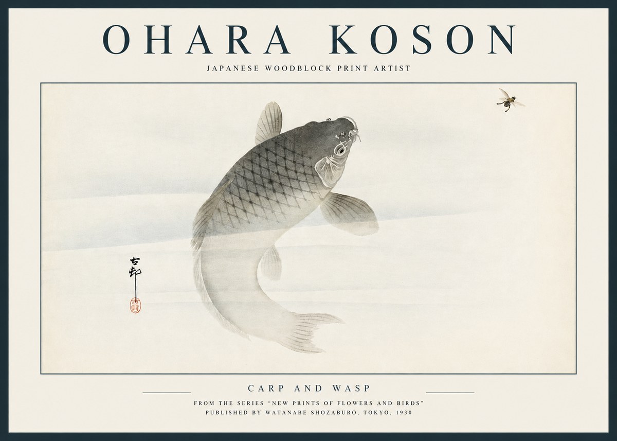 Ohara Koson Carp and Wasp No3 - Plakát