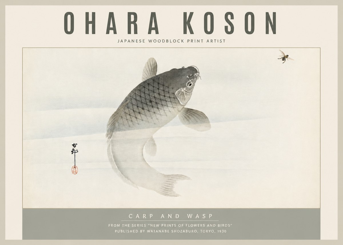 Ohara Koson Carp and Wasp No5 - Plakát