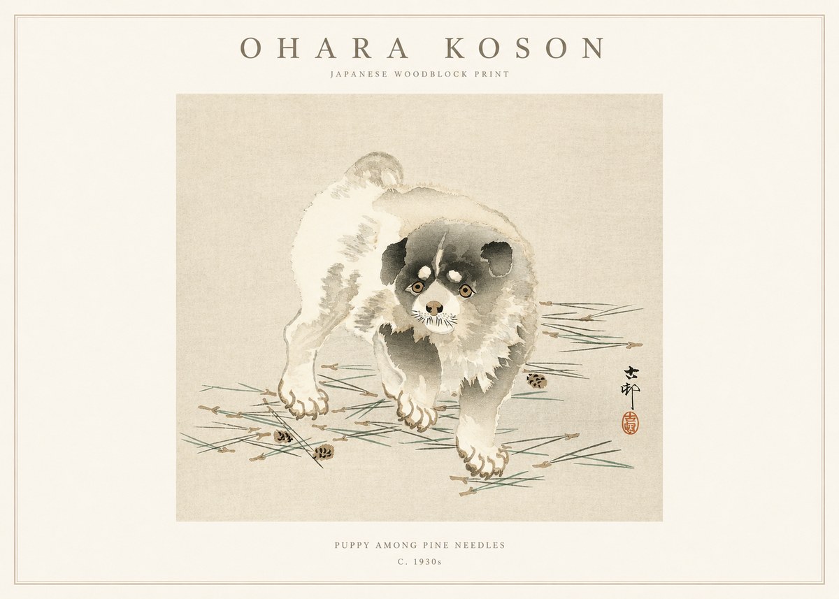 Ohara Koson Puppy Among Pine Needles No1 - Plakát