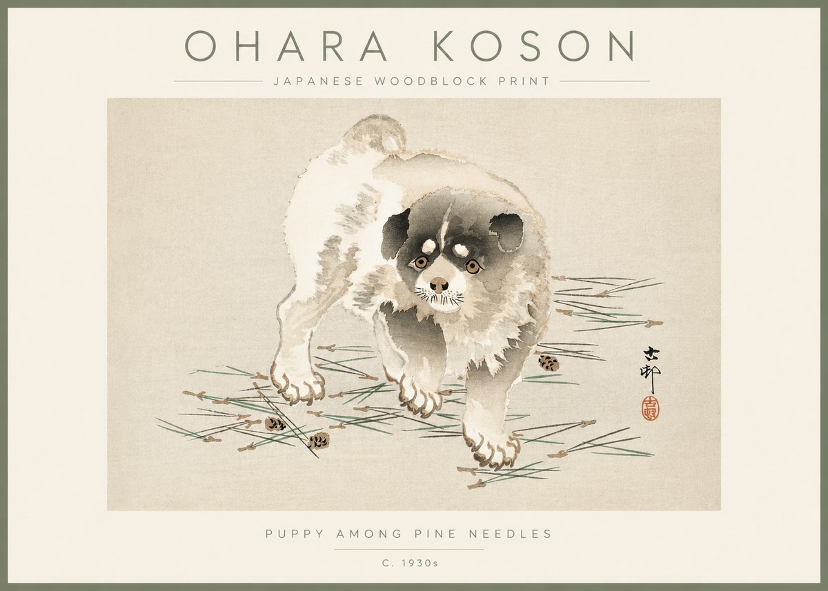 Ohara Koson Puppy Among Pine Needles No3 - Plakát