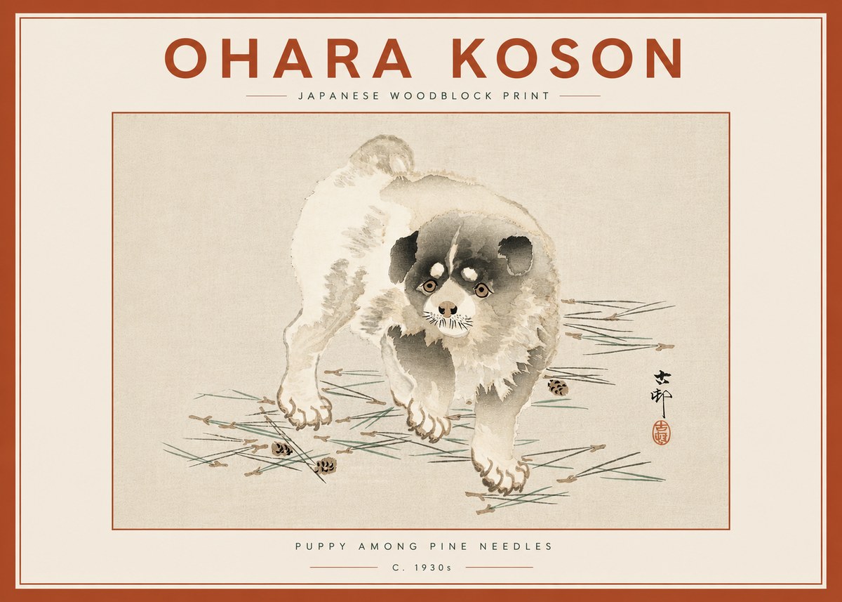 Ohara Koson Puppy Among Pine Needles No6 - Plakát