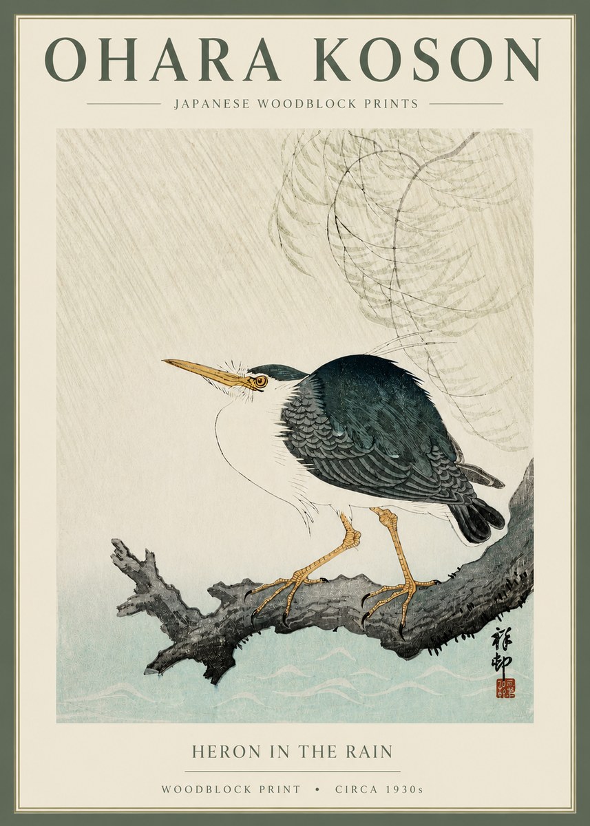 Ohara Koson Heron in the Rain No2 - Plakát