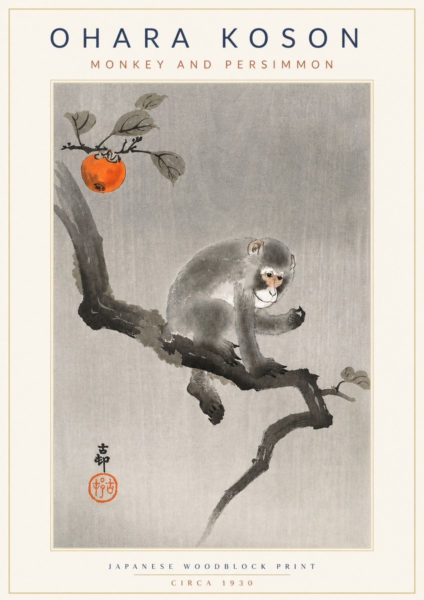 Ohara Koson Monkey and Persimmon No4 - Plakát
