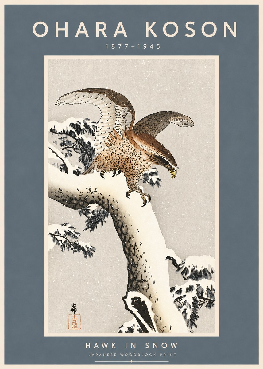 Ohara Koson Hawk in Snow No3 - Plakát