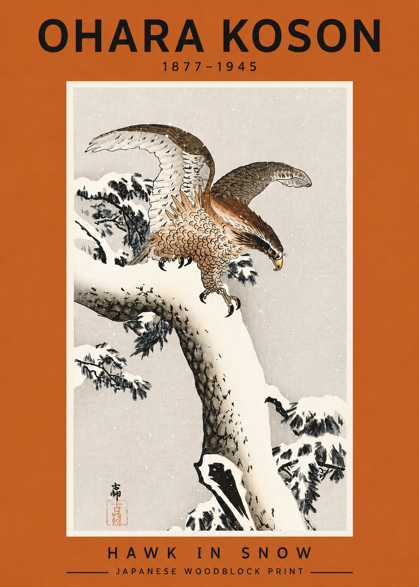 Ohara Koson Hawk in Snow No4 - Plakát